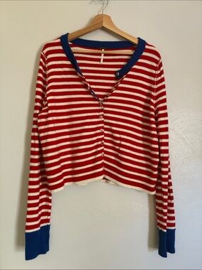 Free People Red and White Striped Button Cardigan with Blue Trim - Patriotic